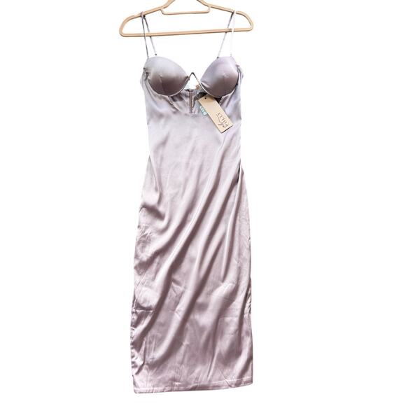 Oh Polly Lilac Satin Underwire Cutout Bodycon Midi Dress Size 6 NWT - Picture 2 of 6